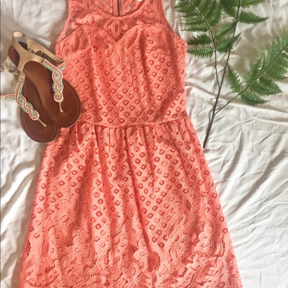 Coral/Peach Lace Crochet Sun Dress - Picture 2 of 4